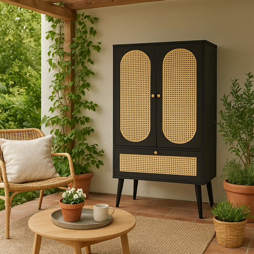 Meuble De Rangement Jardin Noir Avec Portes En Cannage