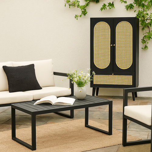 Meuble De Rangement Jardin Noir Avec Portes En Cannage