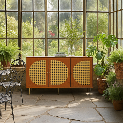 Meuble De Rangement Jardin Bois Foncé Avec Portes En Cannage Rond