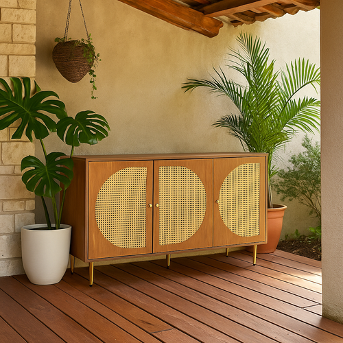 Meuble De Rangement Jardin Bois Foncé Avec Portes En Cannage Rond