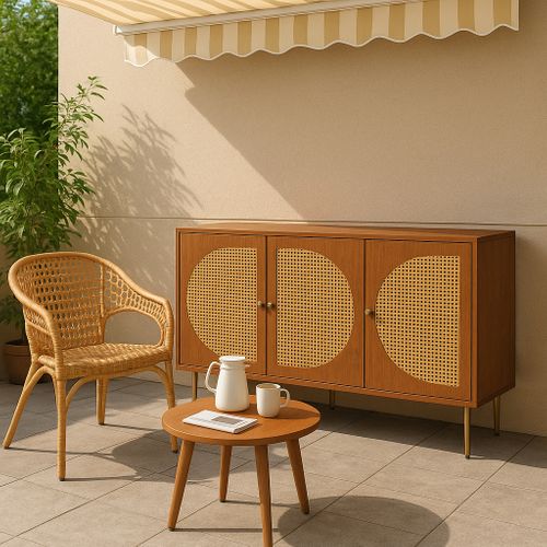 Meuble De Rangement Jardin Bois Foncé Avec Portes En Cannage Rond