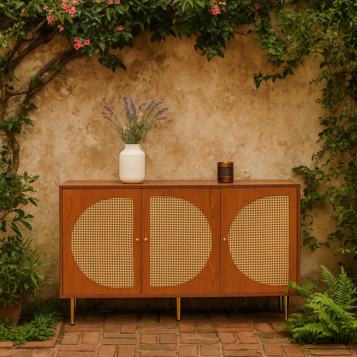 Meuble De Rangement Jardin Bois Foncé Avec Portes En Cannage Rond