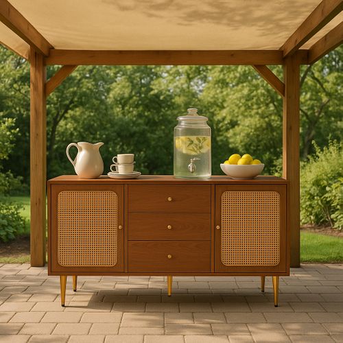 Meuble De Rangement Jardin Bois Foncé Avec Portes En Cannage Rond