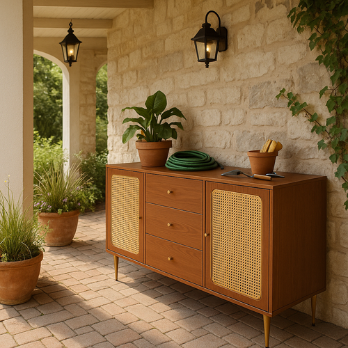 Meuble De Rangement Jardin Bois Foncé Avec Portes En Cannage Rond