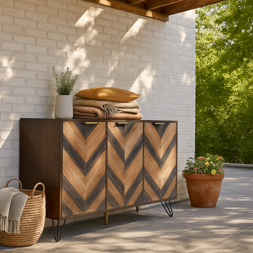 Meuble De Rangement Jardin Bois Foncé Motif Chevrons Et Pieds Métal