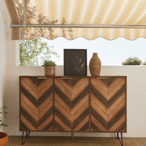 Meuble De Rangement Jardin Bois Foncé Motif Chevrons Et Pieds Métal