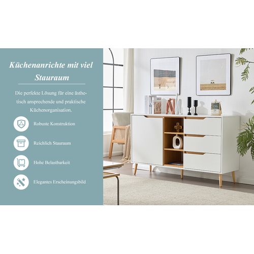 Buffet Blanc Moderne Avec 5 Étagères 3 Tiroirs Et Une Porte 140x40x80,5cm