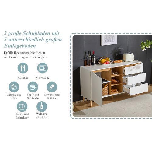 Buffet Blanc Moderne Avec 5 Étagères 3 Tiroirs Et Une Porte 140x40x80,5cm