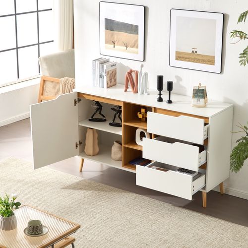 Buffet Blanc Moderne Avec 5 Étagères 3 Tiroirs Et Une Porte 140x40x80,5cm