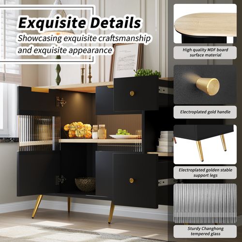 Buffet Armoires De Rangement Effet Noir Avec 2 Portes En Verre Éclairage LED Poignets Et Pieds Dorés