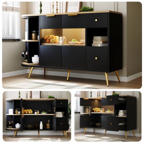 Buffet Armoires De Rangement Effet Noir Avec 2 Portes En Verre Éclairage LED Poignets Et Pieds Dorés