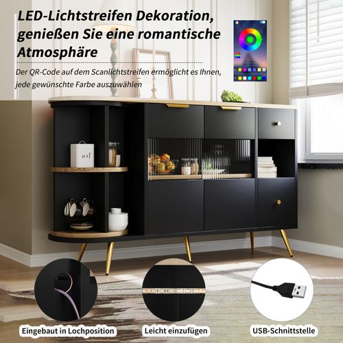 Buffet Armoires De Rangement Effet Noir Avec 2 Portes En Verre Éclairage LED Poignets Et Pieds Dorés