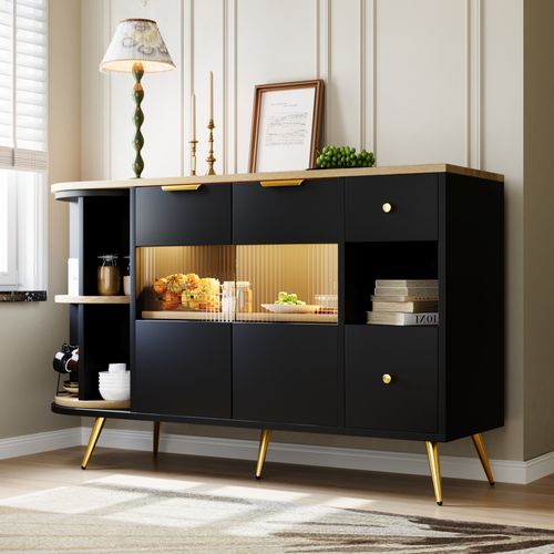 Buffet Armoires De Rangement Effet Noir Avec 2 Portes En Verre Éclairage LED Poignets Et Pieds Dorés