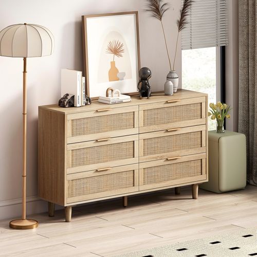 Buffet Élégant Effet Bois 6 Tiroirs Avec Rotin