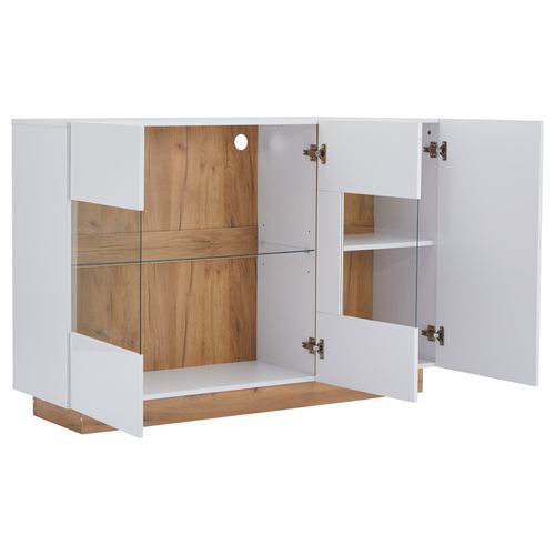 Buffet Blanc Brillance Avec Verre, 3 Portes Et Éclairage LED 138*38*90.5cm