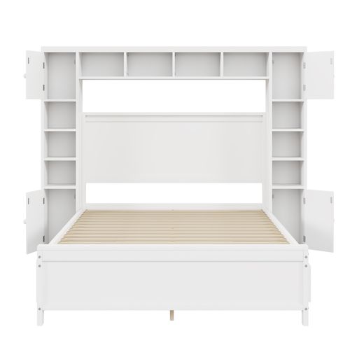 Cadre De Lit Double Bois Blanc Avec Étagère Placard De Rangement 4 Tiroirs Sommier à Lattes 140x200