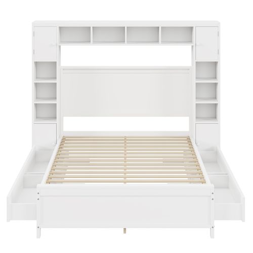 Cadre De Lit Double Bois Blanc Avec Étagère Placard De Rangement 4 Tiroirs Sommier à Lattes 140x200