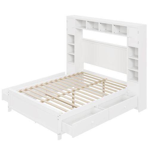 Cadre De Lit Double Bois Blanc Avec Étagère Placard De Rangement 4 Tiroirs Sommier à Lattes 140x200