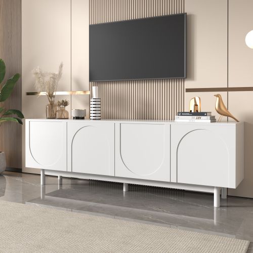 Meuble TV Blanc Style Luxe Portes Texturées Forme De U Inserts Réglables