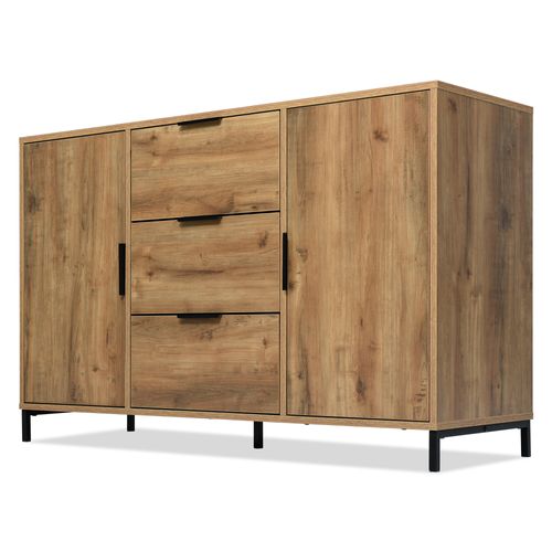 Buffet Effet Bois Chêne Foncé Style Industriel 2 Portes 3 Tiroirs 120x40x76cm