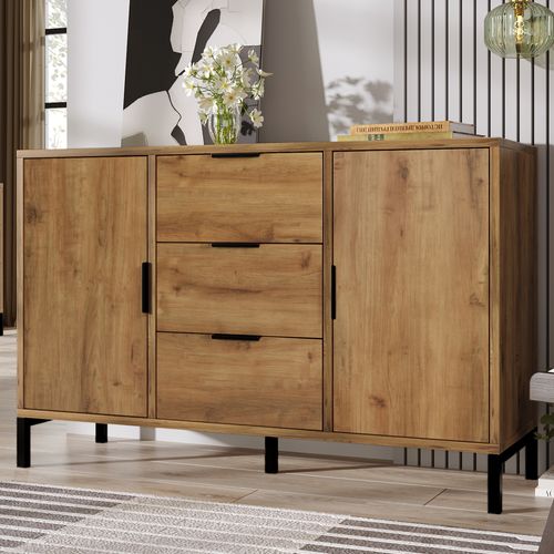 Buffet Effet Bois Chêne Foncé Style Industriel 2 Portes 3 Tiroirs 120x40x76cm