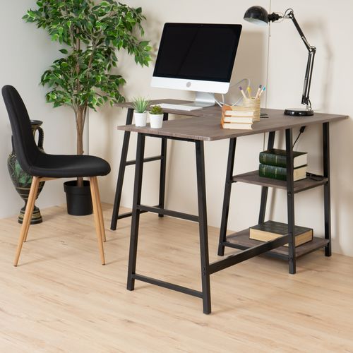 Bureau En L/angle Industriel 2 Étagère De Rangement Vintage Métal Et Bois Sombre 120*120*75cm