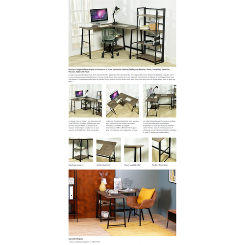 Bureau En L/angle Industriel 2 Étagère De Rangement Vintage Métal Et Bois Sombre 120*120*75cm