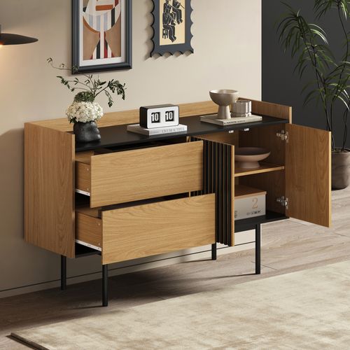 Buffet Effet Bois Noyer Et Noir Avec 2 Tiroirs 2 Portes Altai Wood
