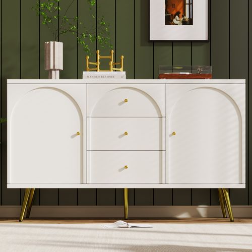 Buffet Blanc Crème 2 Portes Et 3 Tiroirs Poignés Et Pieds Dorés H84/l140/p40cm Senphos