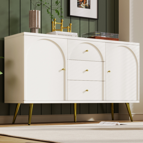 Buffet Blanc Crème 2 Portes Et 3 Tiroirs Poignés Et Pieds Dorés H84/l140/p40cm Senphos