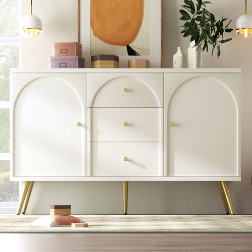 Buffet Blanc Crème 2 Portes Et 3 Tiroirs Poignés Et Pieds Dorés H84/l140/p40cm Senphos