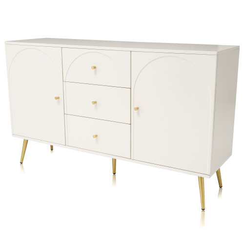 Buffet Blanc Crème 2 Portes Et 3 Tiroirs Poignés Et Pieds Dorés H84/l140/p40cm Senphos
