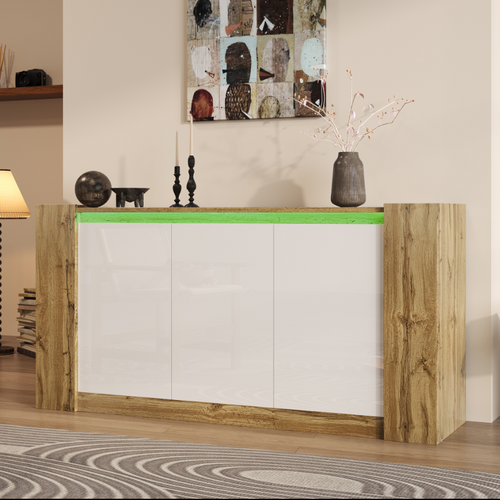 Buffet Effet Bois Et Blanc Brillant 3 Portes Biseautées 150*40*70cm Trerqets