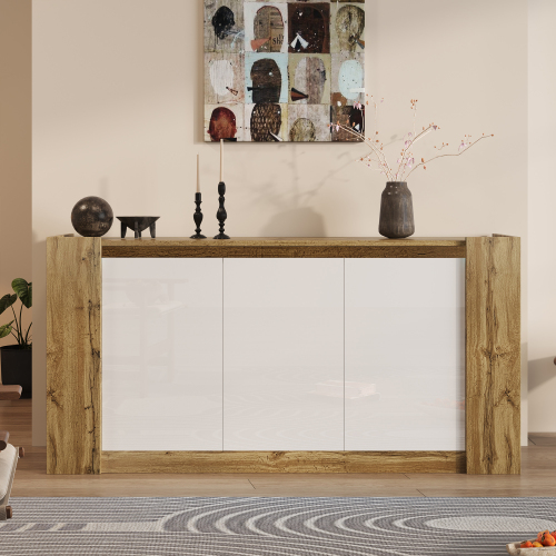 Buffet Effet Bois Et Blanc Brillant 3 Portes Biseautées 150*40*70cm Trerqets