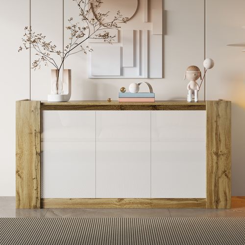 Buffet Effet Bois Et Blanc Brillant 3 Portes Biseautées 150*40*70cm Trerqets