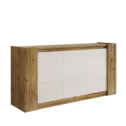 Buffet Effet Bois Et Blanc Brillant 3 Portes Biseautées 150*40*70cm Trerqets