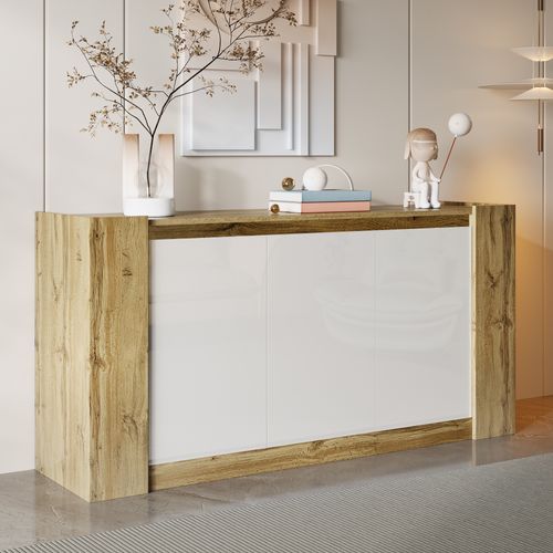 Buffet Effet Bois Et Blanc Brillant 3 Portes Biseautées 150*40*70cm Trerqets