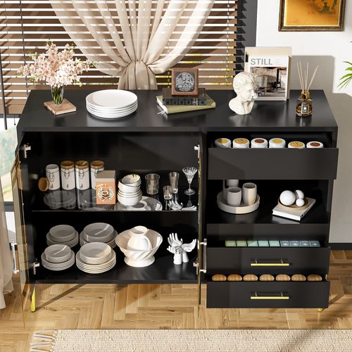 Buffet Noir Luxueux Une Niche, 3 Tirioirs Et 1 Porte Verre Teinté Poignées Et Pieds Dorés Qelguks