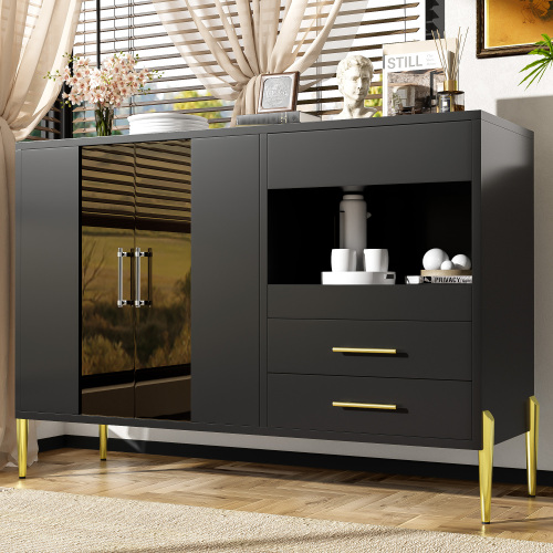 Buffet Noir Luxueux Une Niche, 3 Tirioirs Et 1 Porte Verre Teinté Poignées Et Pieds Dorés Qelguks