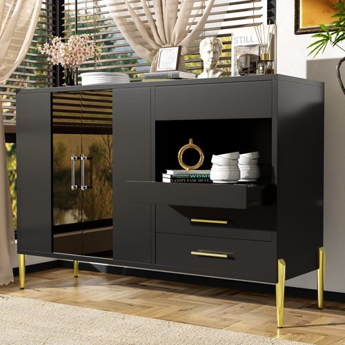Buffet Noir Luxueux Une Niche, 3 Tirioirs Et 1 Porte Verre Teinté Poignées Et Pieds Dorés Qelguks