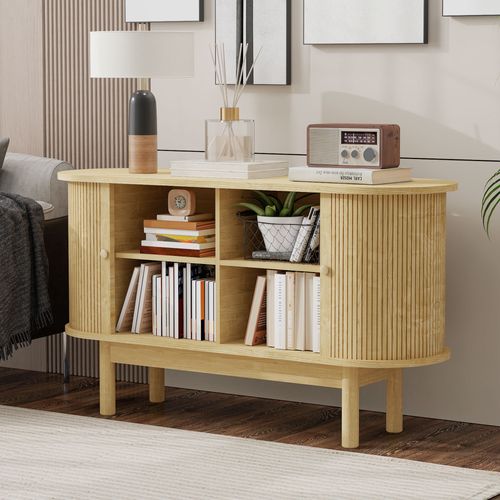 Buffet Rétro Bois Chêne Porte Coulissante à Lattes Et Pieds En Pin 138*43*75cm Lonea Oak