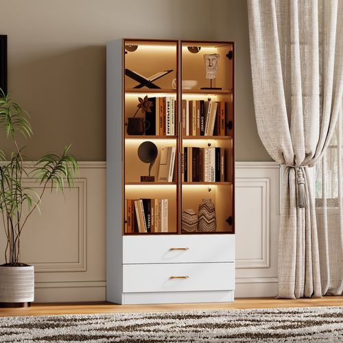 Vitrine Haute Blanc 2 Grands Tiroirs Et 2 Portes, Avec LED