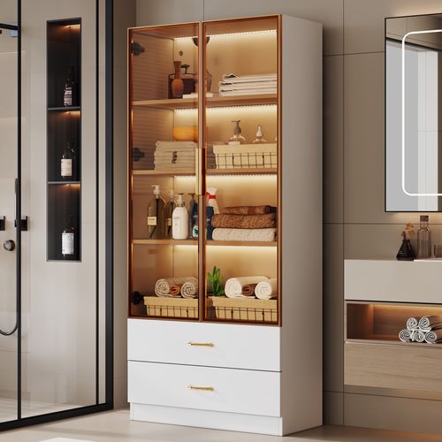 Vitrine Haute Blanc 2 Grands Tiroirs Et 2 Portes, Avec LED