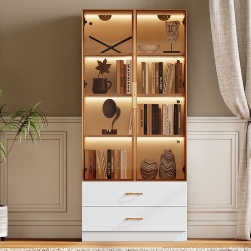 Vitrine Haute Blanc 2 Grands Tiroirs Et 2 Portes, Avec LED