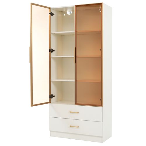 Vitrine Haute Blanc 2 Grands Tiroirs Et 2 Portes, Avec LED