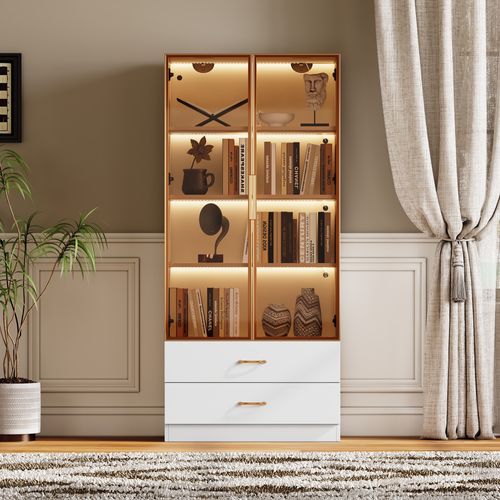 Vitrine Haute Blanc 2 Grands Tiroirs Et 2 Portes, Avec LED