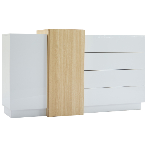 Buffet Blanc Brillant Effet Bois 4 Tiroirs Et 2 Portes 150*37*87cm Grexeds