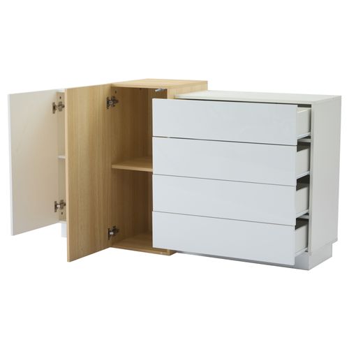 Buffet Blanc Brillant Effet Bois 4 Tiroirs Et 2 Portes 150*37*87cm Grexeds