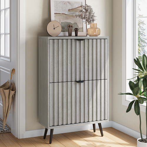 Meuble à Chaussures Bohème Rainuré Gris 2 Tiroirs En Rotin