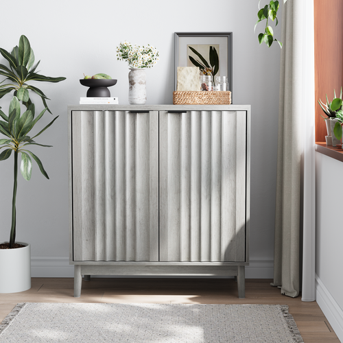 Buffet Effet Bois Gris Bords Rainurés 2 Portes 80*39*85cm Vuhlos